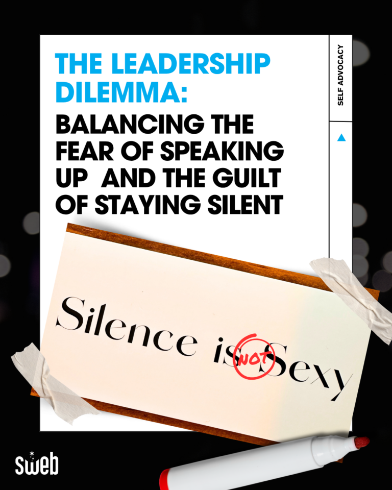 Illustration of a woman standing at a crossroads, one path labeled "Speak Up" and the other "Stay Silent." She appears contemplative, with a stormy sky overhead symbolizing inner turmoil. Faint silhouettes of people watch in the background, representing societal pressure. The imagery reflects the tension between fear and guilt in leadership decisions.